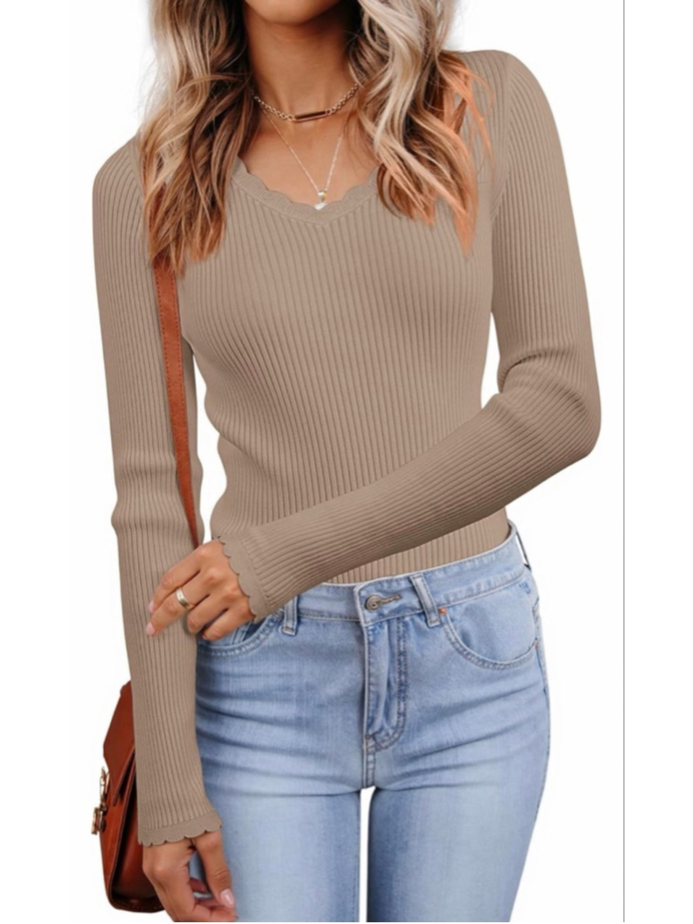 NEW LUXVEER V Neck Scalloped Sweater Long Sleeve Lightweight S